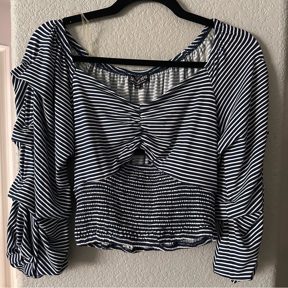 Fashion Nova Navy and White Ruched Crop Blouse